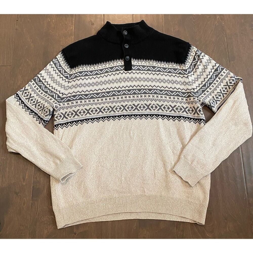 Vtg Chaps Fair Isle Sweater Men XL Cream Black Pullover 3 Button Cotton